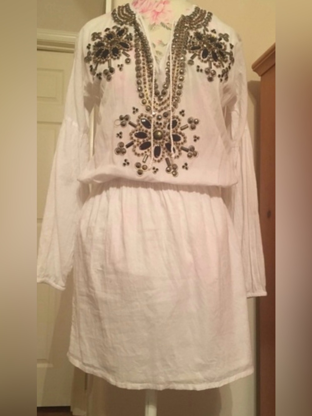 Michael Kors White Long-Sleeve Embellished Tunic Dress